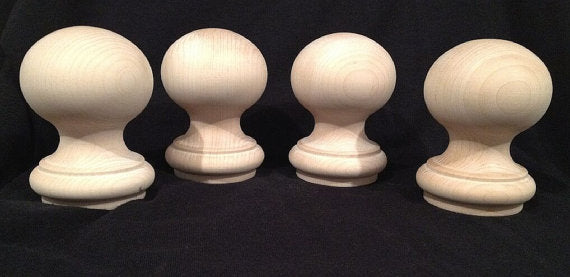 Newel Post Finial Maple Wood Unfinished Cap Ball Top 4 Piece set.